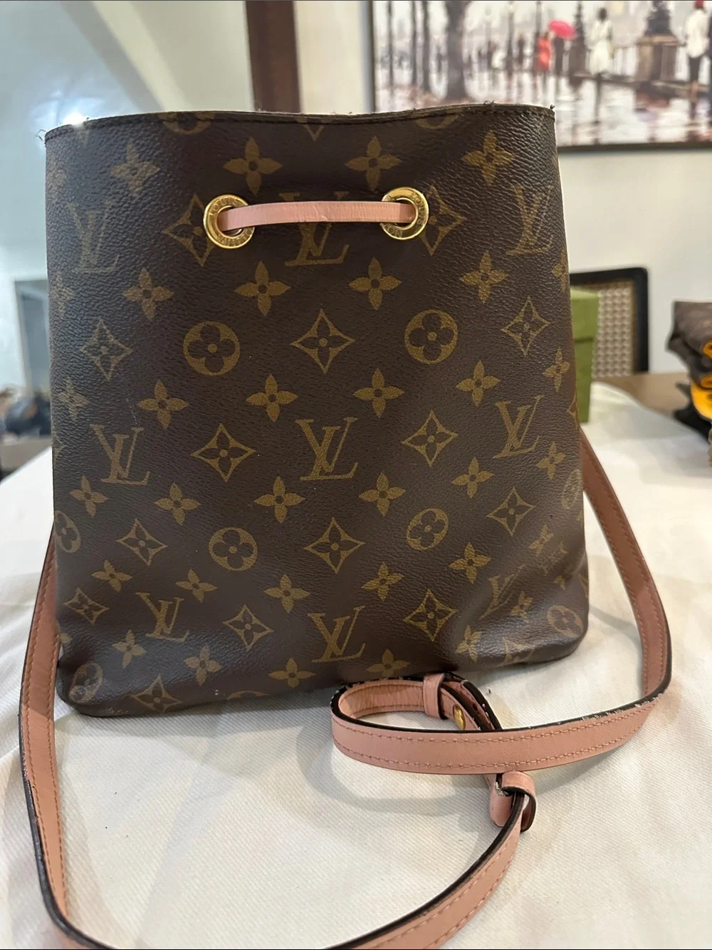 Louis Vuitton Brown Monogram Bucket Bag with Pink Trim